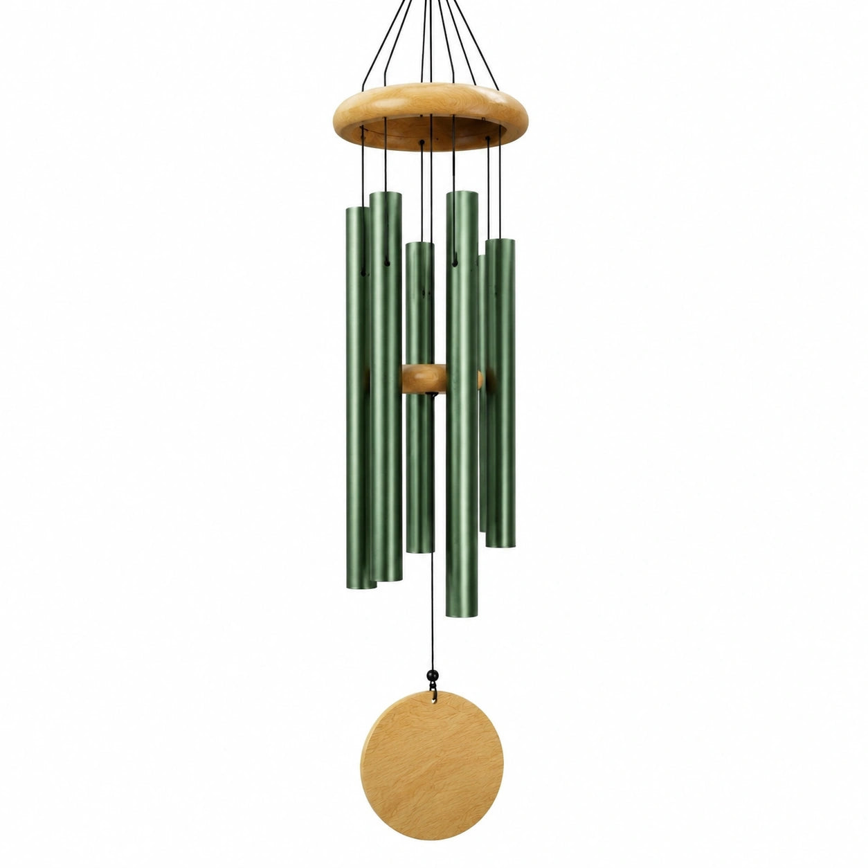 Windspiel 90 cm aus Metall und Holz in Grün für Garten mit Klangröhren