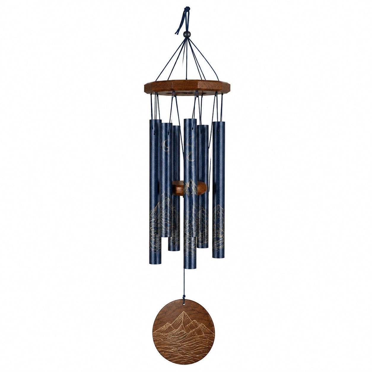 Windspiel 90 cm Metall Holz Dunkelblau Braun mit Bergmotiv für Innen und Außen