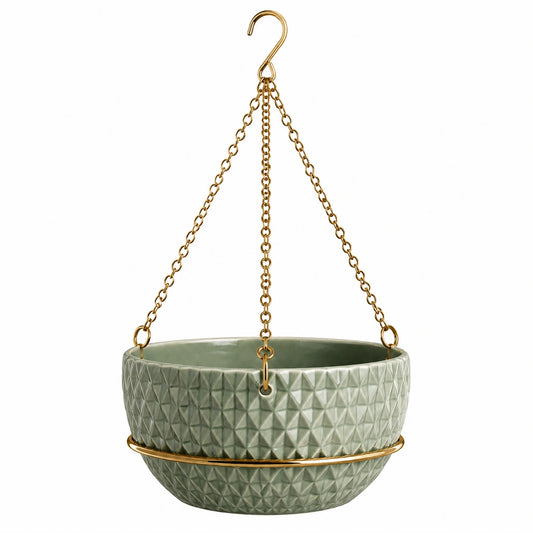 Hängeblumentopf Ø 22 cm Keramik Grün mit Metallkette für Innenräume