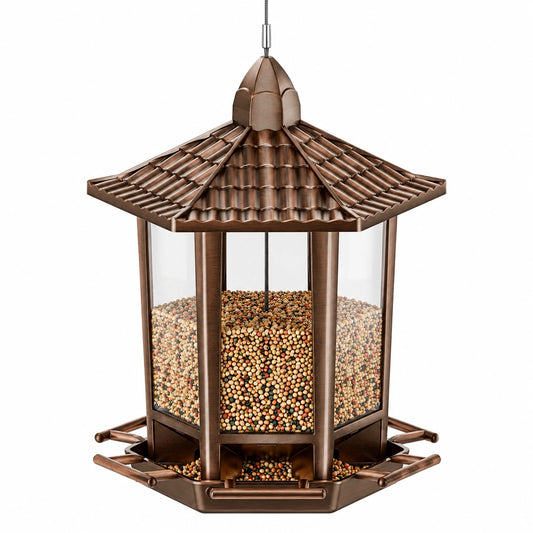 Hängender Vogelfutterspender 28 cm Metall Bronze mit transparenten Futterkammern