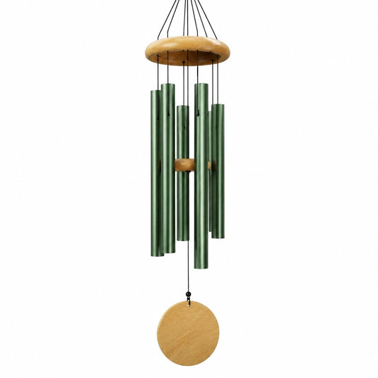 Windspiel 90 cm aus Metall und Holz in Grün für Garten mit Klangröhren