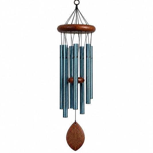 Windspiel 90 cm aus Metall und Holz in Blau Braun - hängende Gartendekoration mit Klangröhren