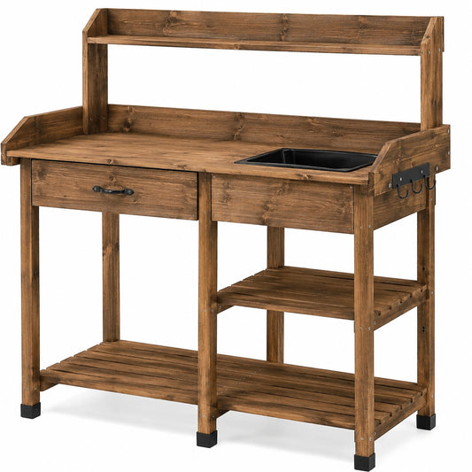 Gartenarbeitstisch 120 x 60 x 150 cm Holz Braun mit Pflanzwanne und Ablagen