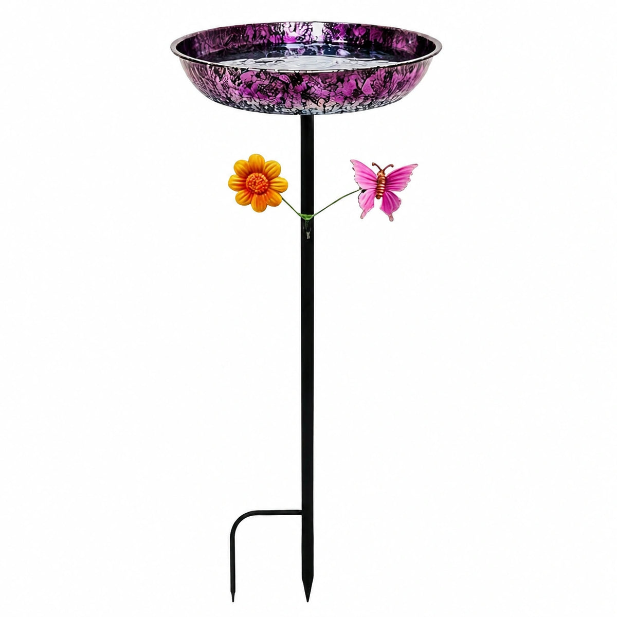 Vogelbad 30 cm Metall Violett Schwarz mit Erdspieß und Blumendekor