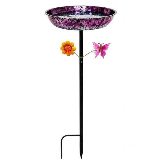 Vogelbad 30 cm Metall Violett Schwarz mit Erdspieß und Blumendekor